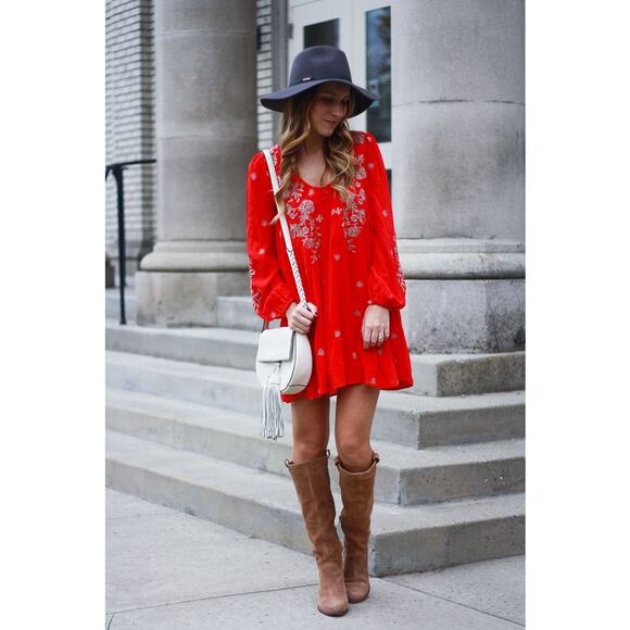 Free People Sweet Tennessee Boho Embroidered Red Festival Dress - Picture 1 of 12